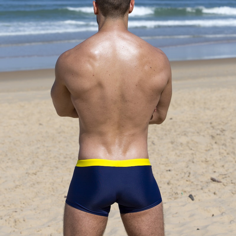 Blue swim trunk with yellow wbd - embroidery