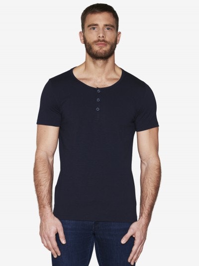 T-shirt Bleu marine - Col tunisien