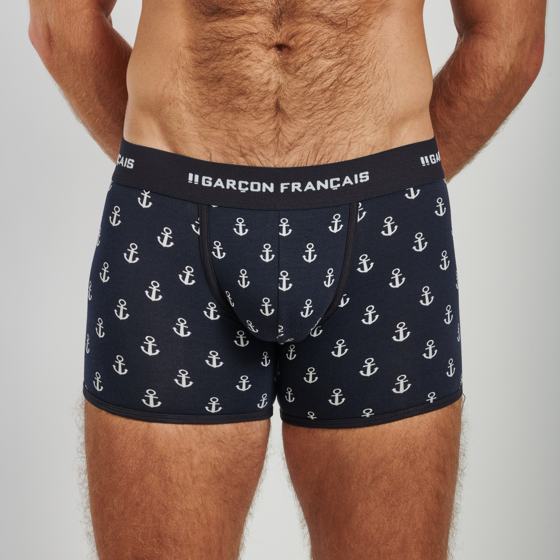 Men's long blue boxers with anchor, low-waist underpants, tailored fit