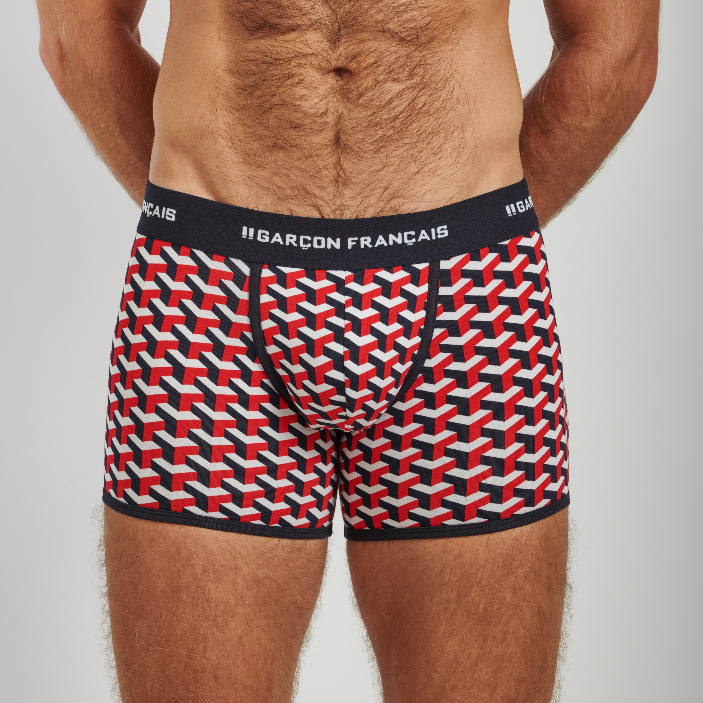 Boxer homme tricolore geometrique en coton bio 100 made in France